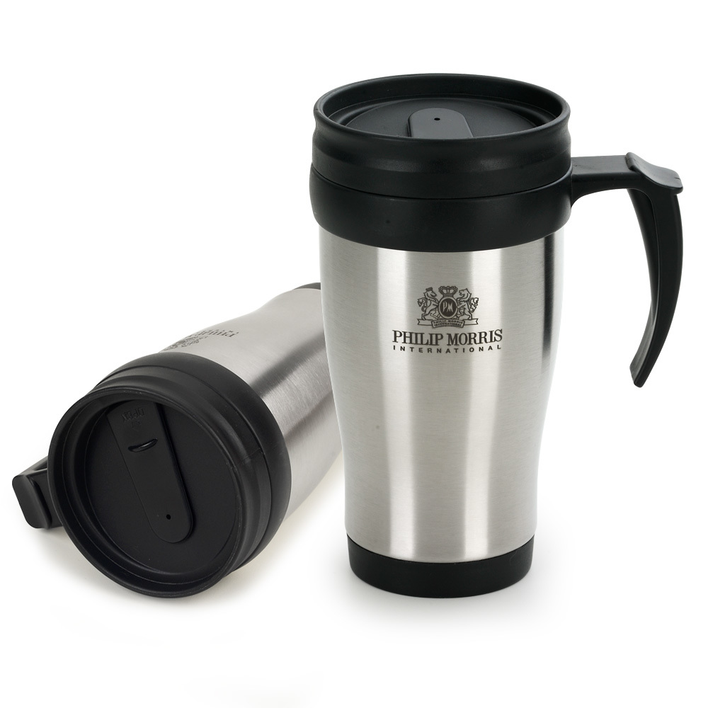 Caneca revestida em aço inox com tampa plástica